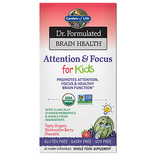 Garden of Life Dr. Formulated Brain Health Attention & Focus for Kids Watermelon Berry Flavor, 60 Chewable Tabs