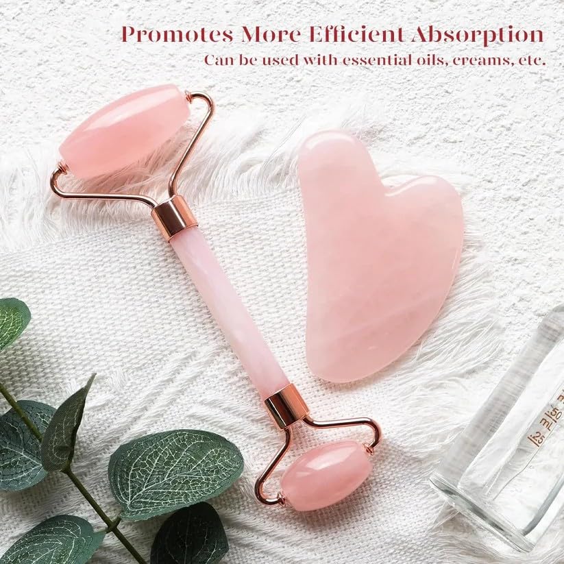 Image 2 of Generic Jade Roller & Gua Sha, Natural Rose Quartz Face Roller, Facial Massage Tools, Pink