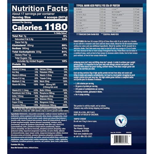 Image 2 of BodyTech Prime Mass Weight Gainer, Vanilla, 55g Protein, 12 lb