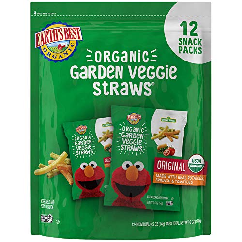 Image 1 of 0.5 Ounce (Pack of 12) for the product Earth's Best Organic Kids Snacks, Sesame Street Toddler Snacks, Organic Garden Veggie Straws, .5 oz Bags, 12 Count