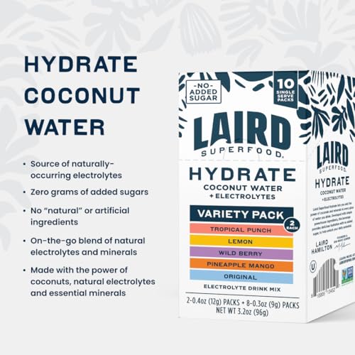 Image 4 of Laird Superfood Hydrate Electrolyte Drink Mix with Coconut Water Variety Pack 10 Single Serve Stick Packs