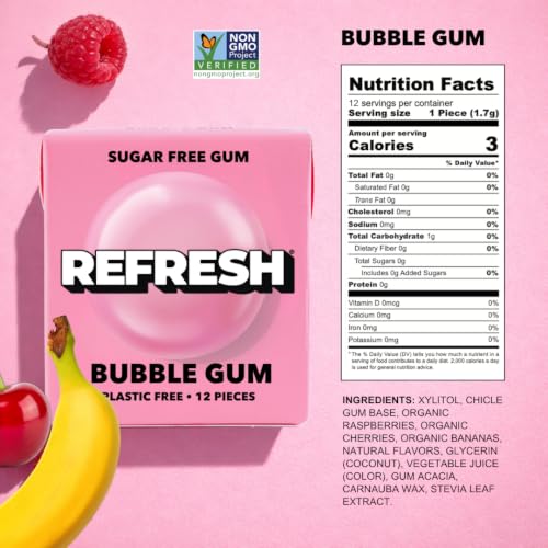 Image 2 of Refresh Gum Bubblegum, Natural Sugar-Free Xylitol Chewing Gum, 12 Pack