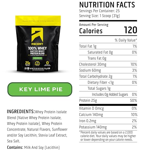 Image 3 of Ascent 100% Whey Protein Powder, Key Lime Pie, 1.7 lb, Daily Protein