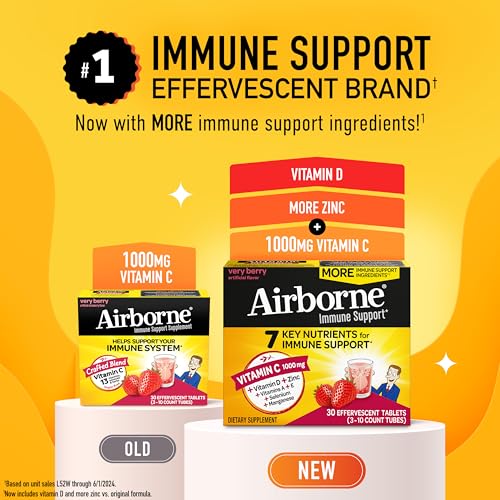 Image 4 of Airborne 1000mg Vitamin C with Vitamin D & Zinc, Sugar Free Multivitamin Immune Support Supplement, Very Berry Flavor, 30 Tablets (Pack of 2)