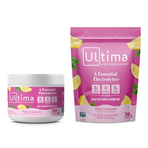 Image 1 of Default Title for the product Ultima Replenisher Electrolyte Powder Drink Mix Bundle ? Sugar Free ? Pink Lemonade, 30 Serving Canister and 20 Stickpacks ? 6 Electrolytes and Minerals ? Keto Friendly, Vegan, Non-GMO