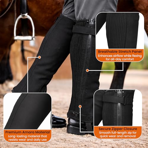 Image 10 of Half Chaps Amara Equestrian Women, Men, Synthetic Leather Zip-Up Pair English Riding Unisex Black Leather Half Chaps