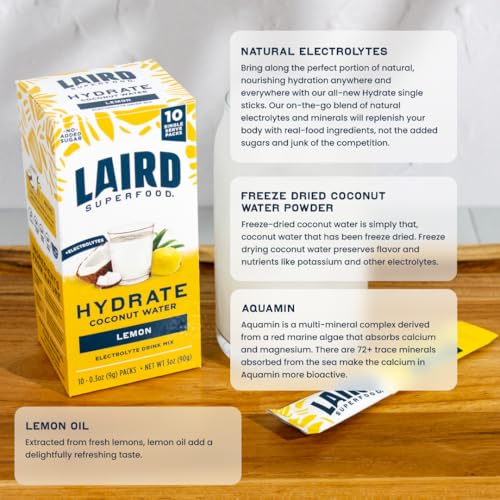 Image 3 of Laird Superfood Hydrate Coconut Water Electrolyte Drink Mix, Lemon, 10 Single Serve Stick Packs