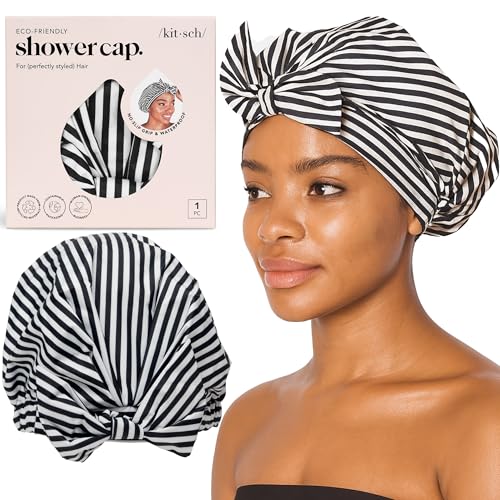 Image 6 of Stripe / Regular for the product Kitsch Luxury Satin-Lined Flexi Shower Cap for Women