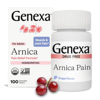 Thumbnail for Image 1 of 1 pack for the product Genexa Arnica Pain Relief Made Clean, 100 Chewable Tablets, Grape Flavor