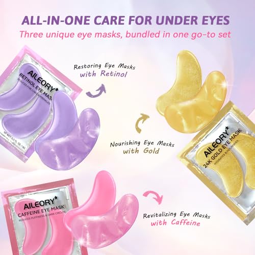 Image 2 of AILEORY Under Eye Patches for Dark Circles, Puffiness, Fine Lines, Eye Mask Set with Retinol, 24K Gold, Caffeine, Gel Mask, 24 Pairs