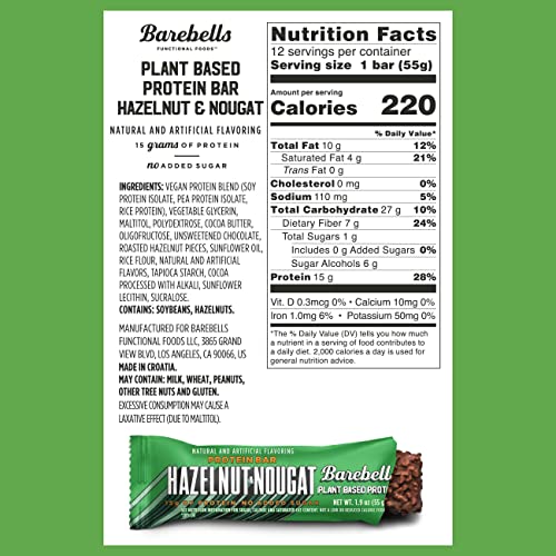 Image 2 of BAREBELLS Vegan Protein Bars Hazelnut & Nougat - 12 Count, 1.9oz Bars