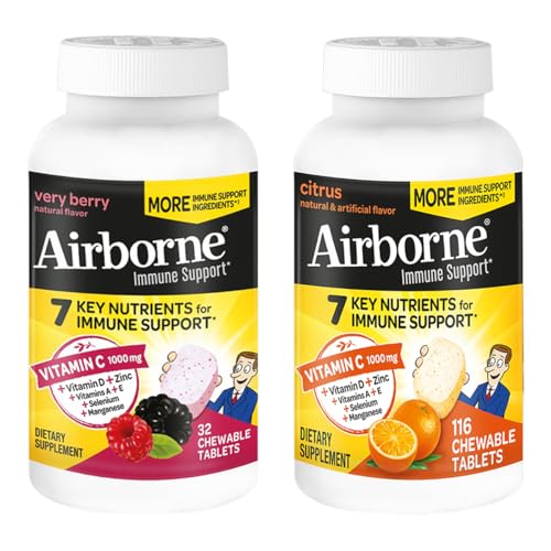 Image 1 of Default Title for the product Airborne 1000mg Vitamin C  Zinc Immune Support Supplement Chewable Tablets, Very Berry & Citrus Flavor, 116 Count