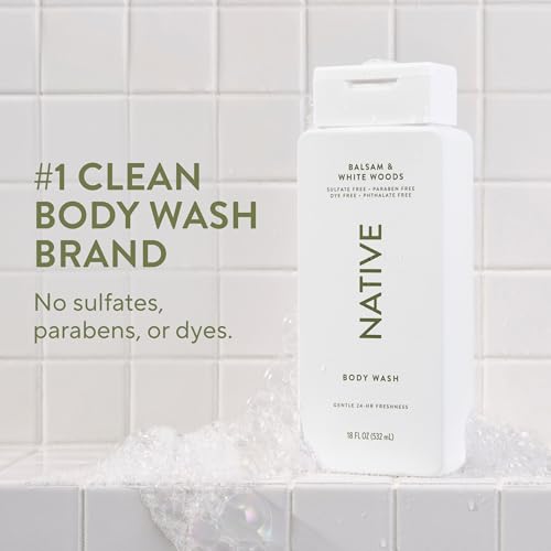 Image 2 of Native Clean Body Wash, Gentle & pH-balanced for Sensitive Skin, 24-Hr Freshness, Vegan & Cruelty-Free, Balsam & White Woods, 18 Fl Oz (Pack of 6)