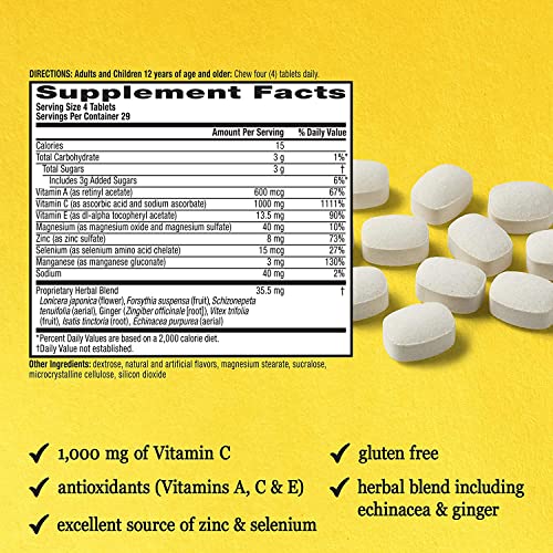 Image 5 of Airborne 1000mg Vitamin C  Zinc Immune Support Supplement Chewable Tablets, Very Berry & Citrus Flavor, 116 Count
