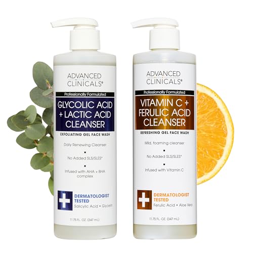 Image 1 of Default Title for the product Advanced Clinicals Exfoliating Glycolic Acid & Salicylic Acid Face Wash + Hydrating Vitamin C Facial Cleanser 2pc AM/PM Skin Care Set For Women & Men