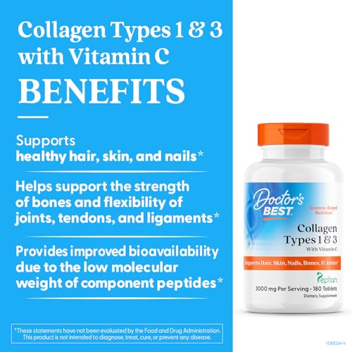 Image 4 of Doctor's BEST Collagen Peptides Supplement Types 1 & 3, 180 Tablets