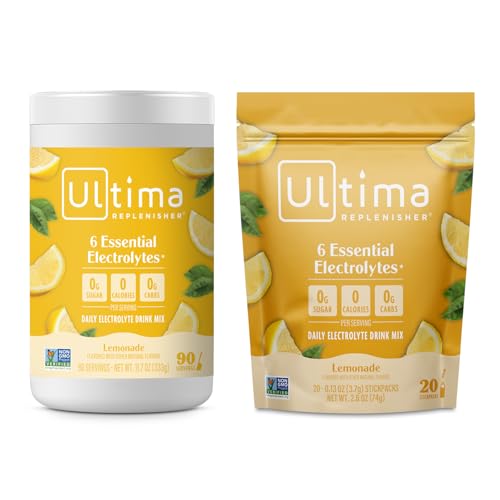 Image 1 of Default Title for the product Ultima Replenisher Electrolyte Powder Drink Mix Bundle ? Sugar Free ? Lemonade, 90 Serving Canister and 20 Stickpacks ? 6 Electrolytes and Minerals ? Keto Friendly, Vegan, Non-GMO