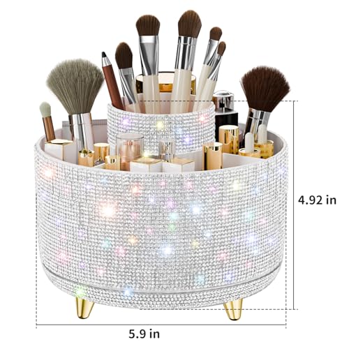 Image 5 of fanado Bling Diamond Makeup Brush Holder, 360° Rotating Makeup Organizer, 5 Slot Make up Brushes Cup for Countertop, Storage for Cosmetics Pen Eyeliner Skincare on the Vanity (Diamond white)