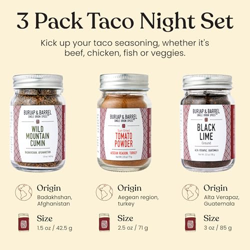 Image 3 of Burlap & Barrel Taco Seasoning Single Origin Spice Set - Wild Mountain Cumin, Sun-Dried Tomato, Ground Black Lime - 3 Full Size in a Gift Box