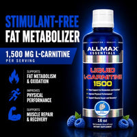 Thumbnail for Image 2 of ALLMAX Nutrition Liquid L-Carnitine 1500 Milligrams, Blue Raspberry, 16 oz (473 ml)