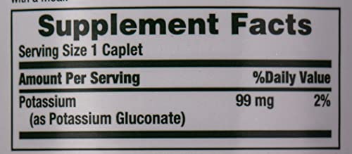 Nature's Bounty Potassium 99mg, Supports Fluid Balance and Muscle Activity, Involved in Normal Heart Function, Potassium Gluconate Dietary Supplement, Gluten Free, 1 Per Day, 100 Vegetarian Caplets