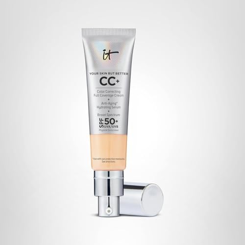 IT Cosmetics CC+ Cream (Light Medium) - Natural Full Coverage Foundation With SPF 50+, Color Corrector & Anti-Aging Hydrating Serum, Hyaluronic Acid + Peptides, Lightweight - 1.08 fl oz
