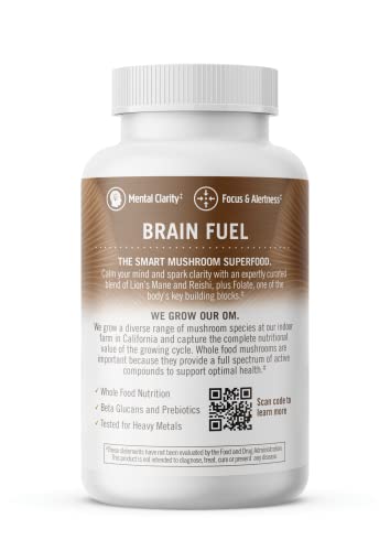 OM MUSHROOM SUPERFOOD Brain Fuel Mushroom Powder Capsules Superfood Supplement, 90 Count, 30 Days, Lion's Mane, Reishi Blend Plus Folate, Mental Clarity, Mushroom Supplement