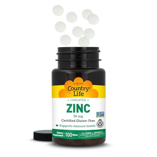 Country Life Chelated Zinc 50 mg - Certified Gluten-Free & Vegan Immune Support Supplement, Enhances Zinc Absorption, Supports Body’s Protein Production & Cellular Health, 100 Vegetarian Tablets