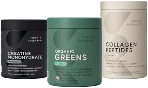 Sports Research® Organic Greens Superfood Powder w/Spirulina & Chlorella, Adaptogens, Enzymes, Probiotics & 8 VIT Bs & Creatine Monohydrate & Collagen Peptides for Women & Men, Unflavored