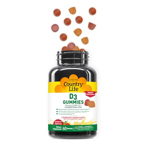 Country Life Vitamin D3 Gummies – 1,000 IU Cholecalciferol, 60 Count – Supports Bone & Immune Health – Vegetarian, Gluten-Free, Strawberry & Orange Flavors – Pectin-Based, No Artificial Sweeteners