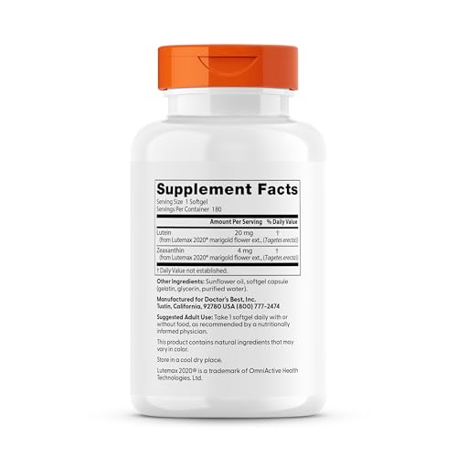 Doctor's Best Lutein, 20 mg, Supports Eye Health & Performance, Non-GMO, Gluten Free 180 Softgels