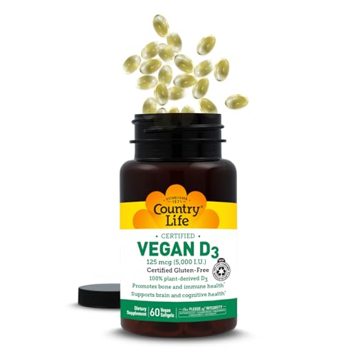 Country Life Vegan D3 5000 IU – Plant-Derived Vitamin D3 from Lichen – Certified Vegan, Gluten-Free, Non-GMO – Clean, Simple Formula – 60 Softgels