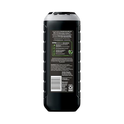NIVEA Men Active Clean Body Wash with Natural Charcoal for Normal to Oily Skin, 3-in-1 Charcoal Body Wash, Face and Hair, Draws Out Dirt and Impurities, 16.9 Fl Oz Bottle, Pack of 3
