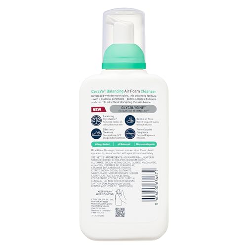 CeraVe Balancing Air Foam Face Wash, Foaming Facial Cleanser For Combination Skin, 8HR Oil Control + 24HR Hydration, Fragrance-Free & Non-Comedogenic, With Glycolysine™ & 3 Essential Ceramides, 8oz