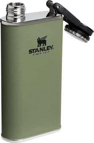 Stanley Classic Easy Fill Wide Mouth Flask 8 oz | Leakproof Hip Flask | Hinge Connected Never Lose Cap | Insulated Stainless Steel Liquor Container | BPA-Free | Dried Pine