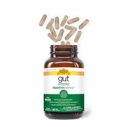 Country Life Gut Connection Digestive Balance – Prebiotic & Digestive Enzyme Supplement for Gut Health, Bloating Relief, and Improved Bowel Movements – Gluten-Free, Vegan, Non-GMO, 60 Capsules