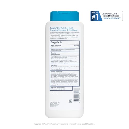 CeraVe 2 In 1 Hydrating Anti Dandruff Shampoo And Conditioner Twin Pack, 1% Pyrithione Zinc Dandruff Treatment Helps Eliminate Dandruff, Color Safe & Sulfate Free, 12 Fl Oz Each (Set of 2)