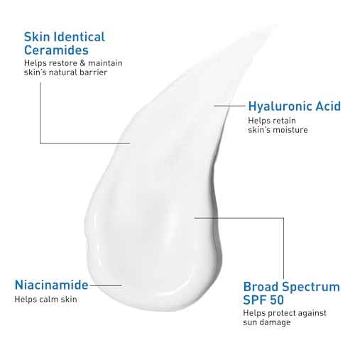 CeraVe AM Facial Moisturizing Lotion SPF 50, Face Moisturizer with SPF, Hyaluronic Acid, Niacinamide & Ceramides, Non-Greasy, Blends Seamlessly With No White Cast, Non Comedogenic Sunscreen, 3 Oz