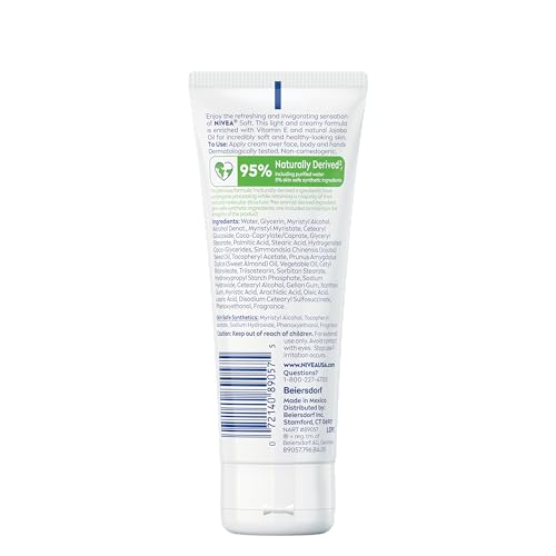NIVEA Soft Refreshingly Soft Moisturizing Cream, Lightweight Moisturizer for Face, Body and Hands, Body Cream Enriched with Jojoba Oil and Vitamin E, 2.6 Oz Tube, Pack of 3