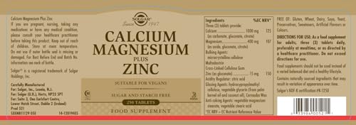 Solgar Calcium Magnesium Plus Zinc, 250 Tablets - Promotes Healthy Bones and Teeth - Supports Nerve & Muscle Function - Non GMO, Vegan, Gluten Free, Dairy Free, Kosher, Halal - 83 Servings