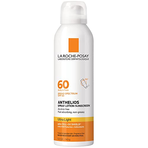 La Roche-Posay Anthelios Ultra-Light Sunscreen Spray Lotion SPF 60, Spray Sunscreen For Face & Body, Broad Spectrum SPF + Antioxidants, Oil Free, Alcohol Free, Water Resistant 80 Min., 5 Fl. Oz.