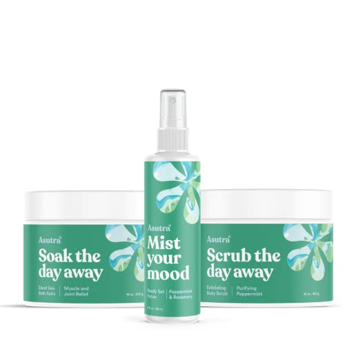ASUTRA Peppermint Scent Bundle, 4 Fl oz Peppermint & Rosemary Essential Oil Aromatherapy Spray, 16 oz Peppermint Dead Sea Bath Salts, 16 oz Purifying Peppermint Dead Sea Salt Body Scrub