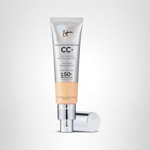 IT Cosmetics CC+ Cream (Medium) - Natural Full Coverage Foundation With SPF 50+, Color Corrector & Anti-Aging Hydrating Serum, Hyaluronic Acid + Peptides, Lightweight - 1.08 fl oz