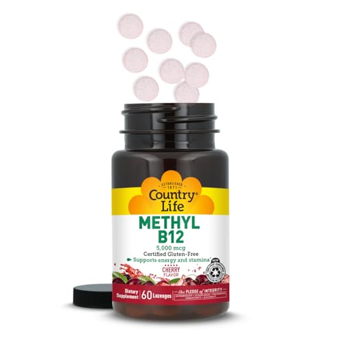 Country Life Methyl B12, Supports Energy & Stamina, 5,000mcg, 60 Lozenges, Certified Gluten Free, Certified Vegan, Certified Non-GMO Verified
