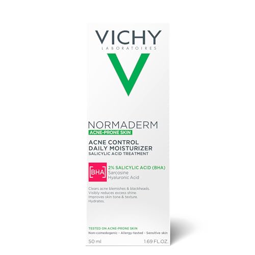 VICHY Normaderm Acne Control Daily Moisturizer, Acne Moisturizer For Face, 2% Salicylic Acid + Hyaluronic Acid + Vitamin C, Acne Treatment For Blackheads, Acne Blemishes & Enlarged Pores, Oil Free