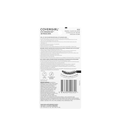 CoverGirl Eye Enhancer, Dark Chocolate, 3D Mascara, Curved Fiber Brush, Plant-Based Lifting Wax, For All Lash Types, 24-Hour Wear, Transfer-Proof, Flake-Free, 0.30oz