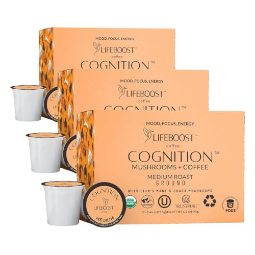 Image 1 of Default Title for the product LIFEBOOST Cognition Mushroom Coffee Pods ? Organic Low Acid K-Cups with Lion?s Mane & Chaga Adaptogens ? 10 Count (Pack of 3)