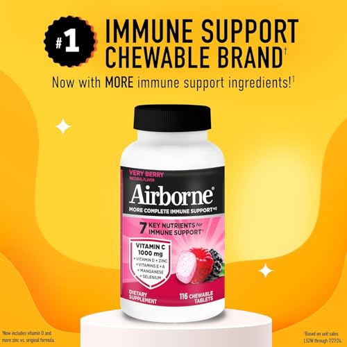 Image 2 of Airborne 1000mg Vitamin C  Zinc Immune Support Supplement Chewable Tablets 116 Count (2 Pack)