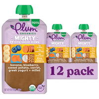Thumbnail for Image 1 of Default Title for the product Plum Organics +12 Months Organic Baby Food - Banana, Blueberry, Sweet Potato, Carrot, Yogurt & Millet - Non-GMO - On-The-Go Pouches for Baby & Toddler - Quality Tested Ingredients - 4 oz (Pack Of 12)