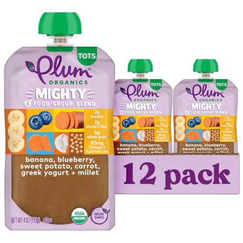Image 1 of Default Title for the product Plum Organics +12 Months Organic Baby Food - Banana, Blueberry, Sweet Potato, Carrot, Yogurt & Millet - Non-GMO - On-The-Go Pouches for Baby & Toddler - Quality Tested Ingredients - 4 oz (Pack Of 12)